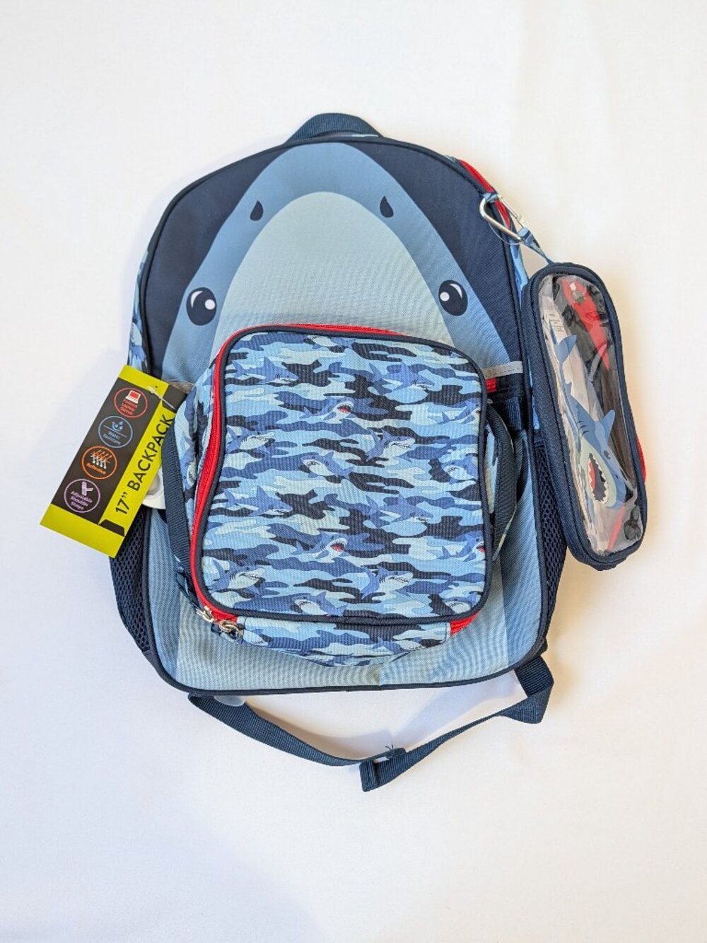 Wonder Nation Shark Backpack 17” Lunch Bag Pencil Case 3 Piece Set